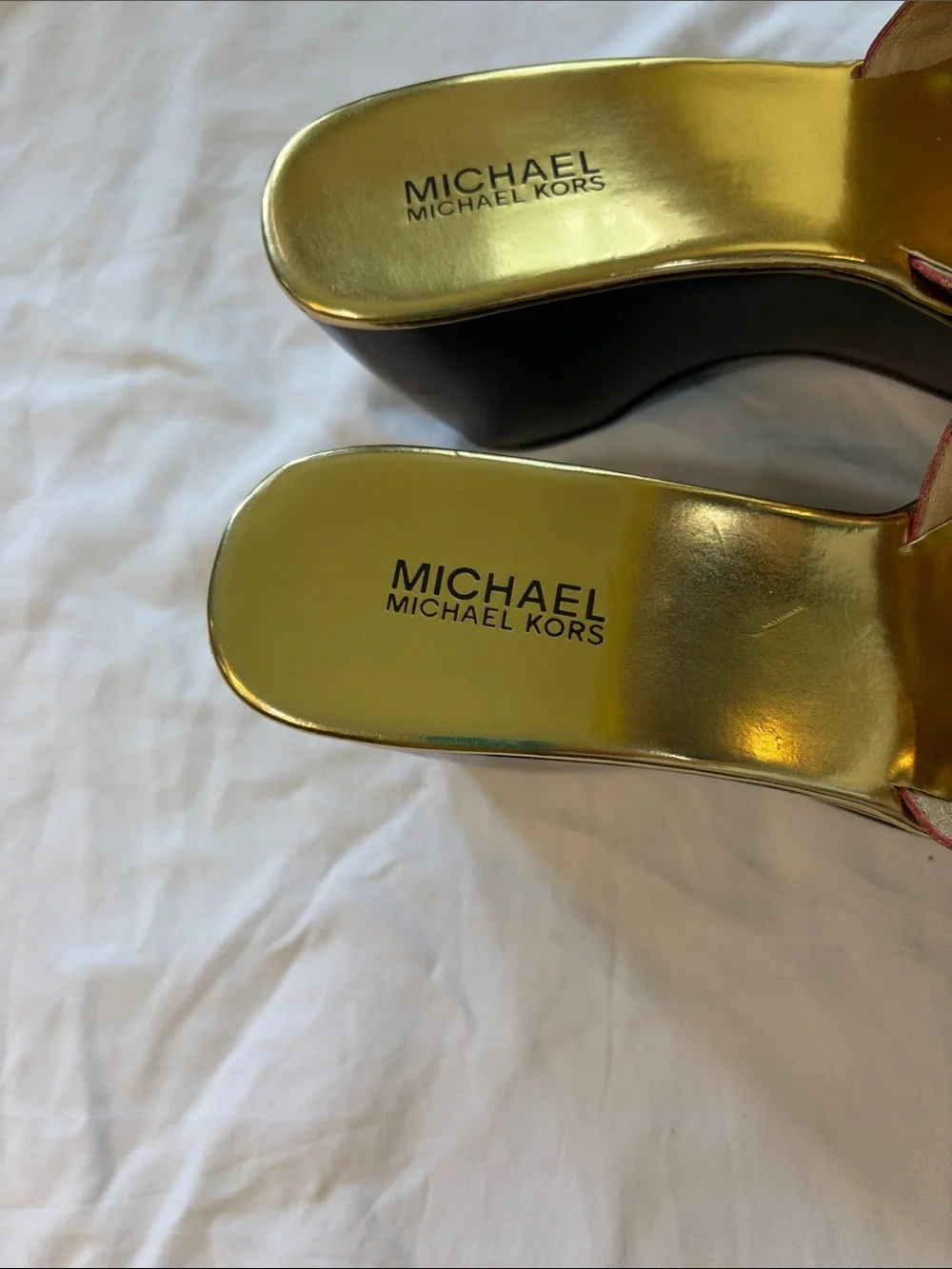 Michael Kors Red Leather Slide Wedges with Gold Footbed